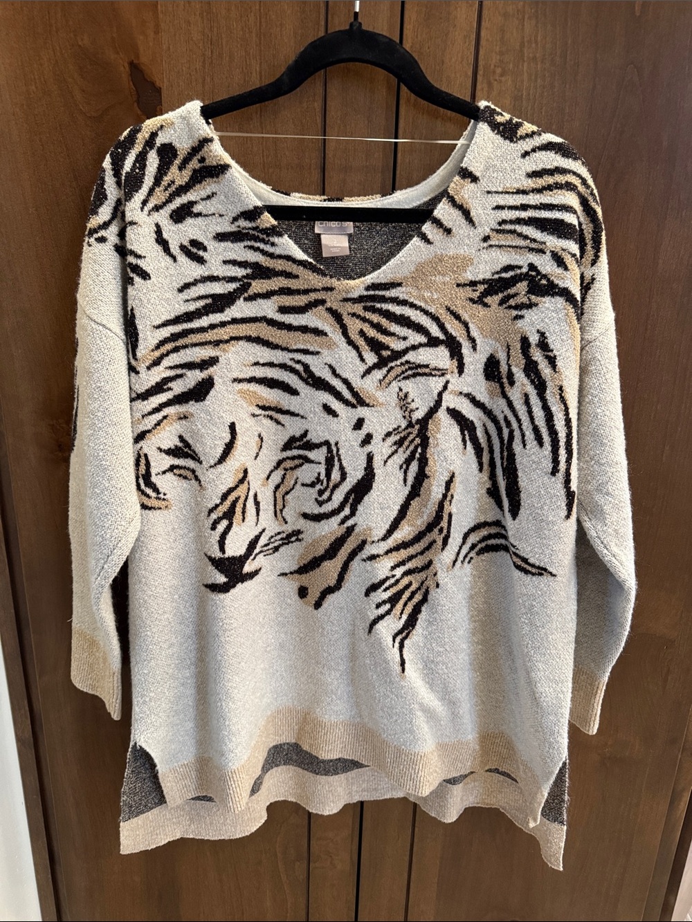 Chico’s Animal-Print V-Neck Sweater in Ivory and Tan